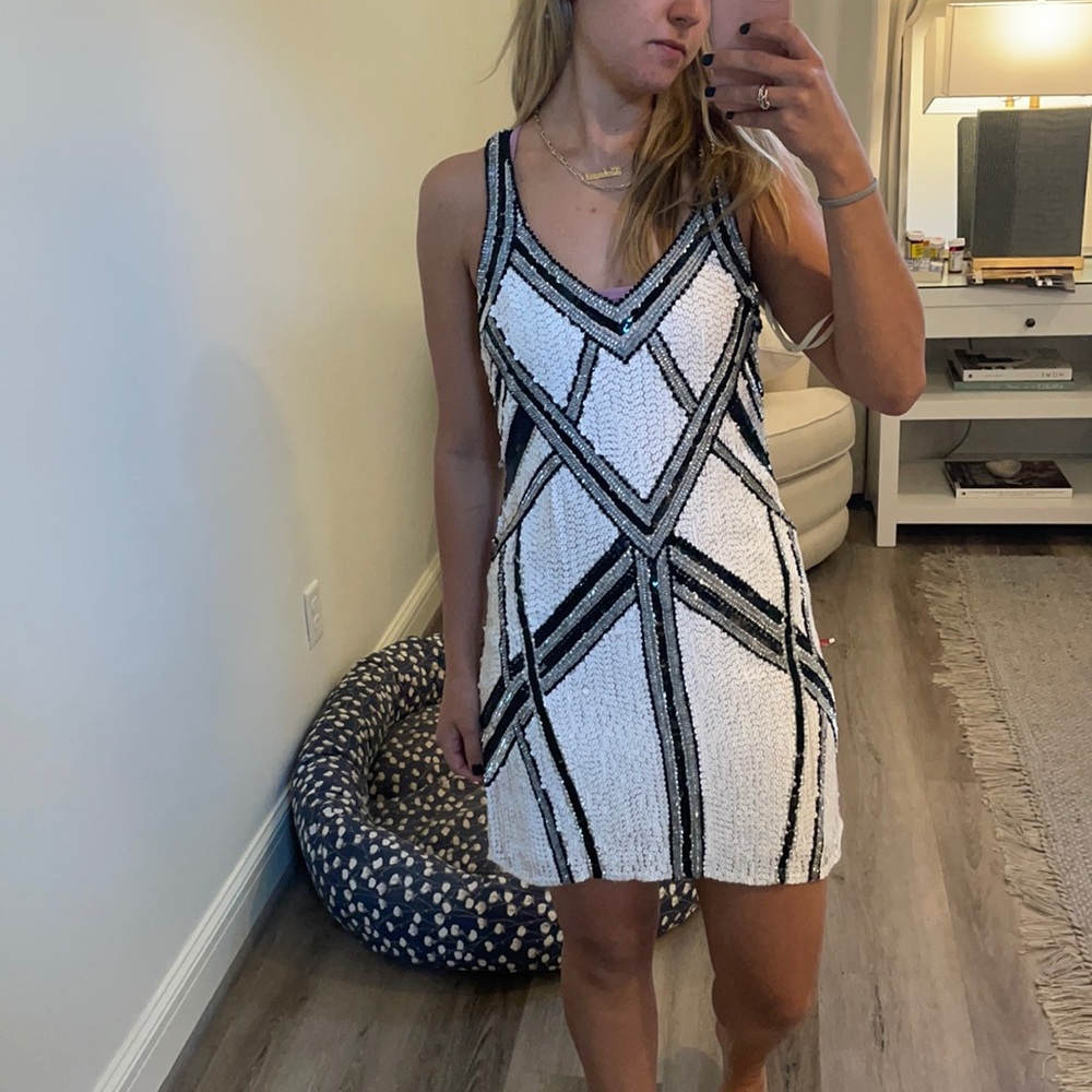 Parker white black and silver beaded mini dress